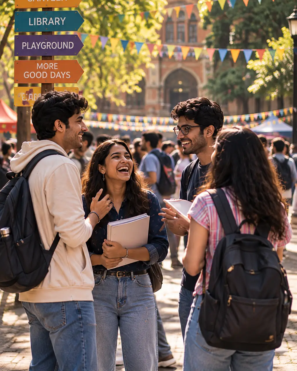 Four college friends with backpacks and notebooks, laughing together on a sunny campus during a fest.
