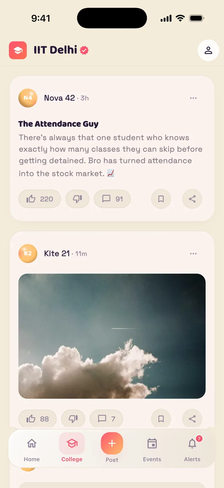 The Offcampuz college feed: posts from verified students at one college, each shown under the student's persona.