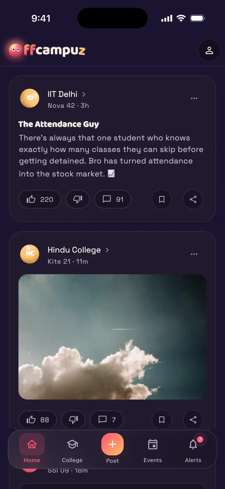 The Offcampuz home feed, with posts from students at different colleges.