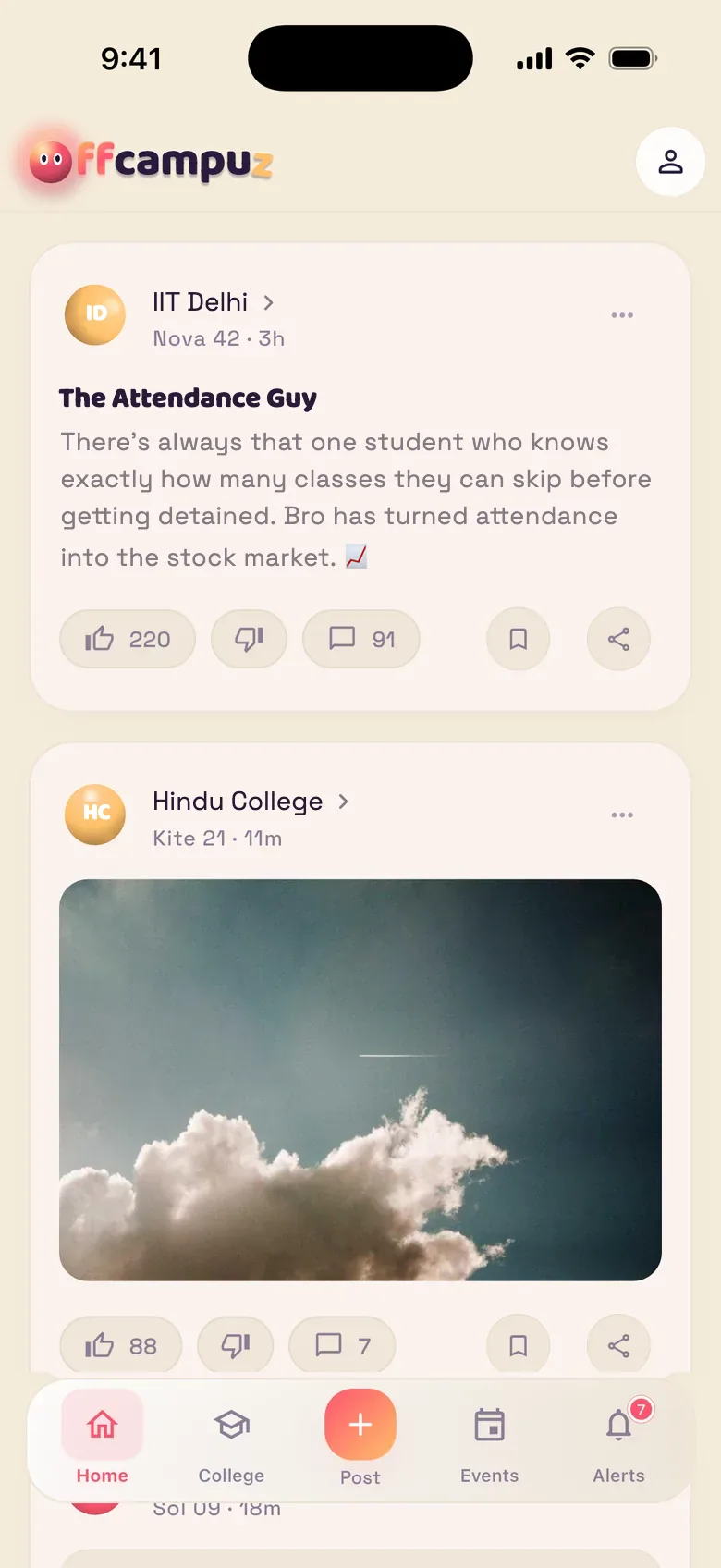 The Offcampuz home feed, with posts from students at different colleges.